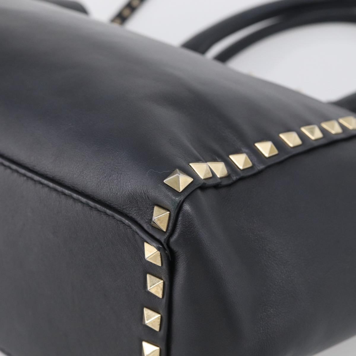 Valentino Rock Studs Hand Bag Leather 2way Black Gold Tone Auth bs37898