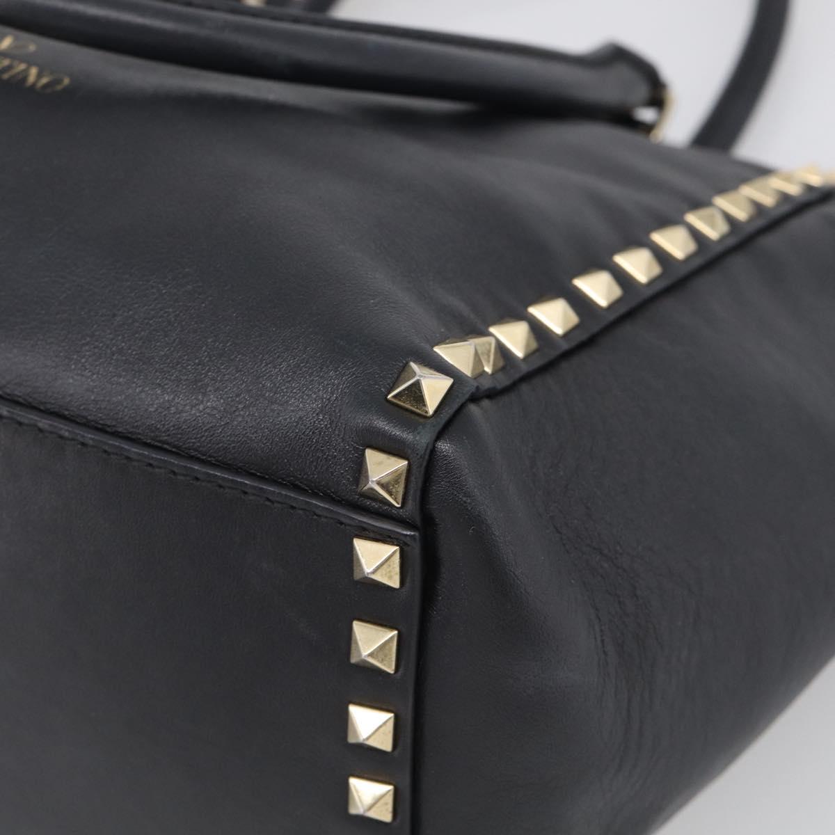 Valentino Rock Studs Hand Bag Leather 2way Black Gold Tone Auth bs37898
