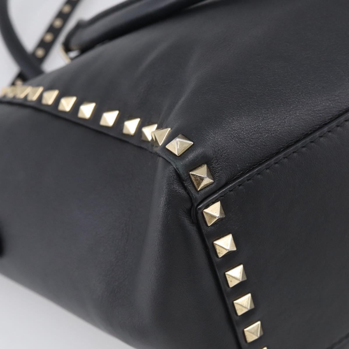 Valentino Rock Studs Hand Bag Leather 2way Black Gold Tone Auth bs37898