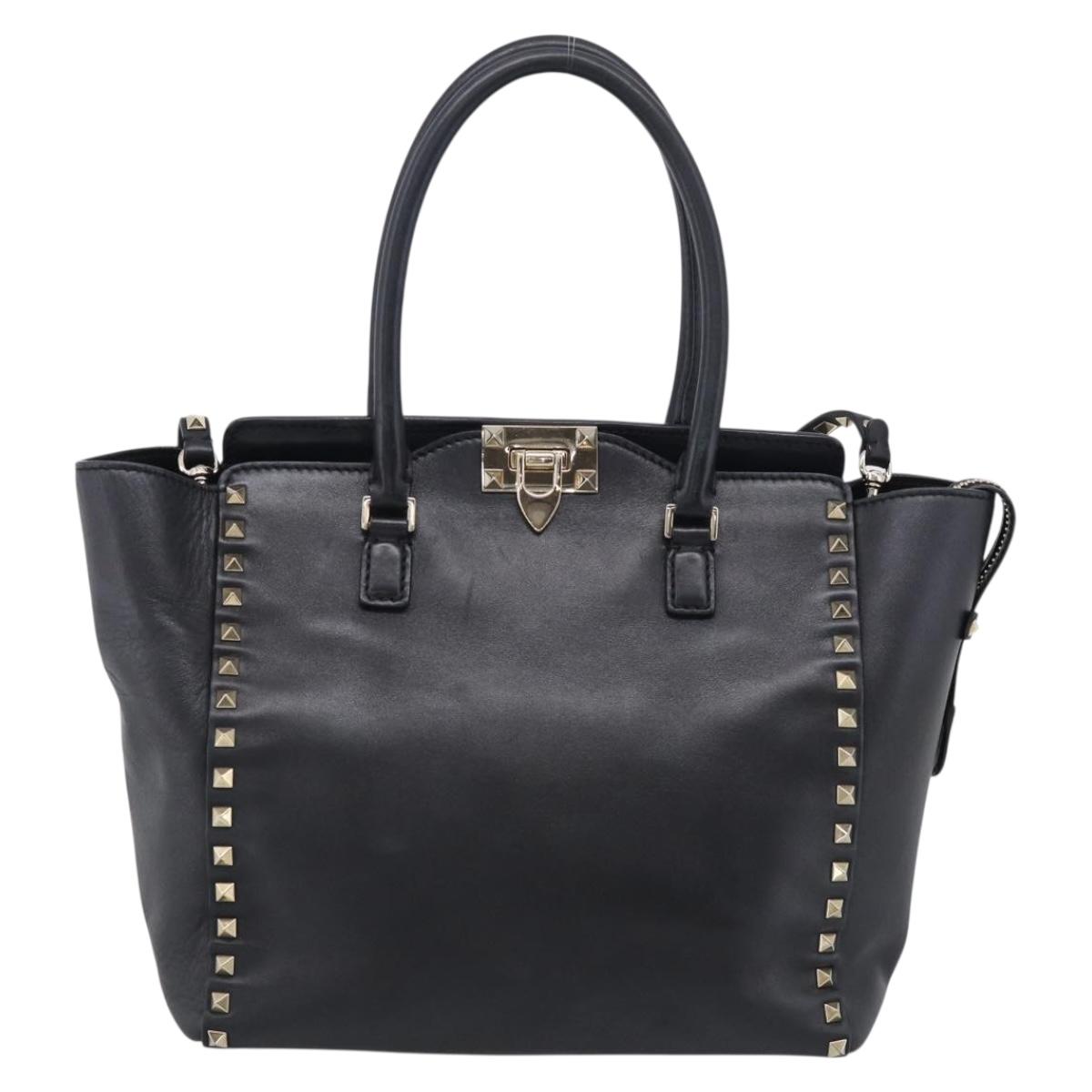 Valentino Rock Studs Hand Bag Leather 2way Black Gold Tone Auth bs37898