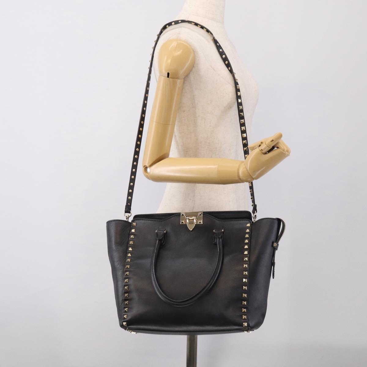 Valentino Rock Studs Hand Bag Leather 2way Black Gold Tone Auth bs37898