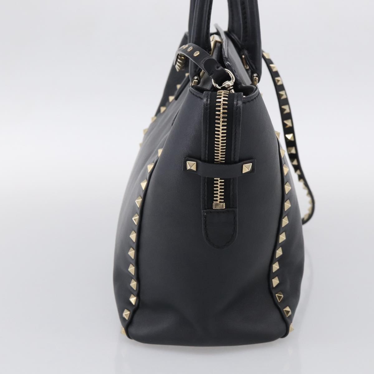Valentino Rock Studs Hand Bag Leather 2way Black Gold Tone Auth bs37898