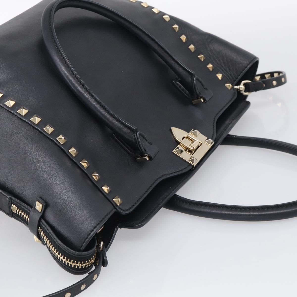 Valentino Rock Studs Hand Bag Leather 2way Black Gold Tone Auth bs37898