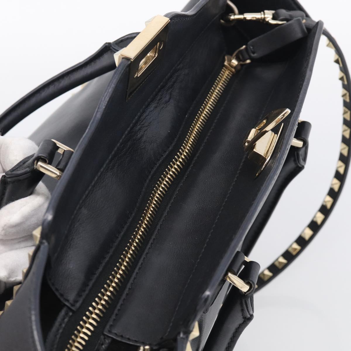 Valentino Rock Studs Hand Bag Leather 2way Black Gold Tone Auth bs37898