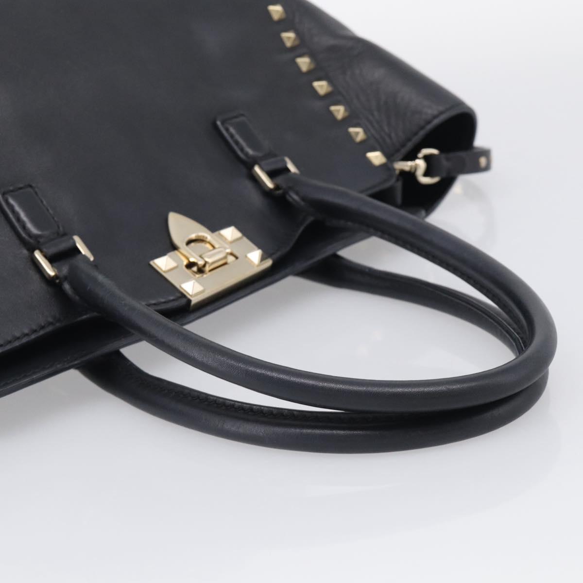 Valentino Rock Studs Hand Bag Leather 2way Black Gold Tone Auth bs37898