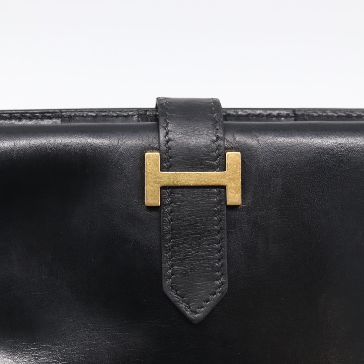 HERMES Bean Long Wallet Leather Black Gold Tone Auth bs37904