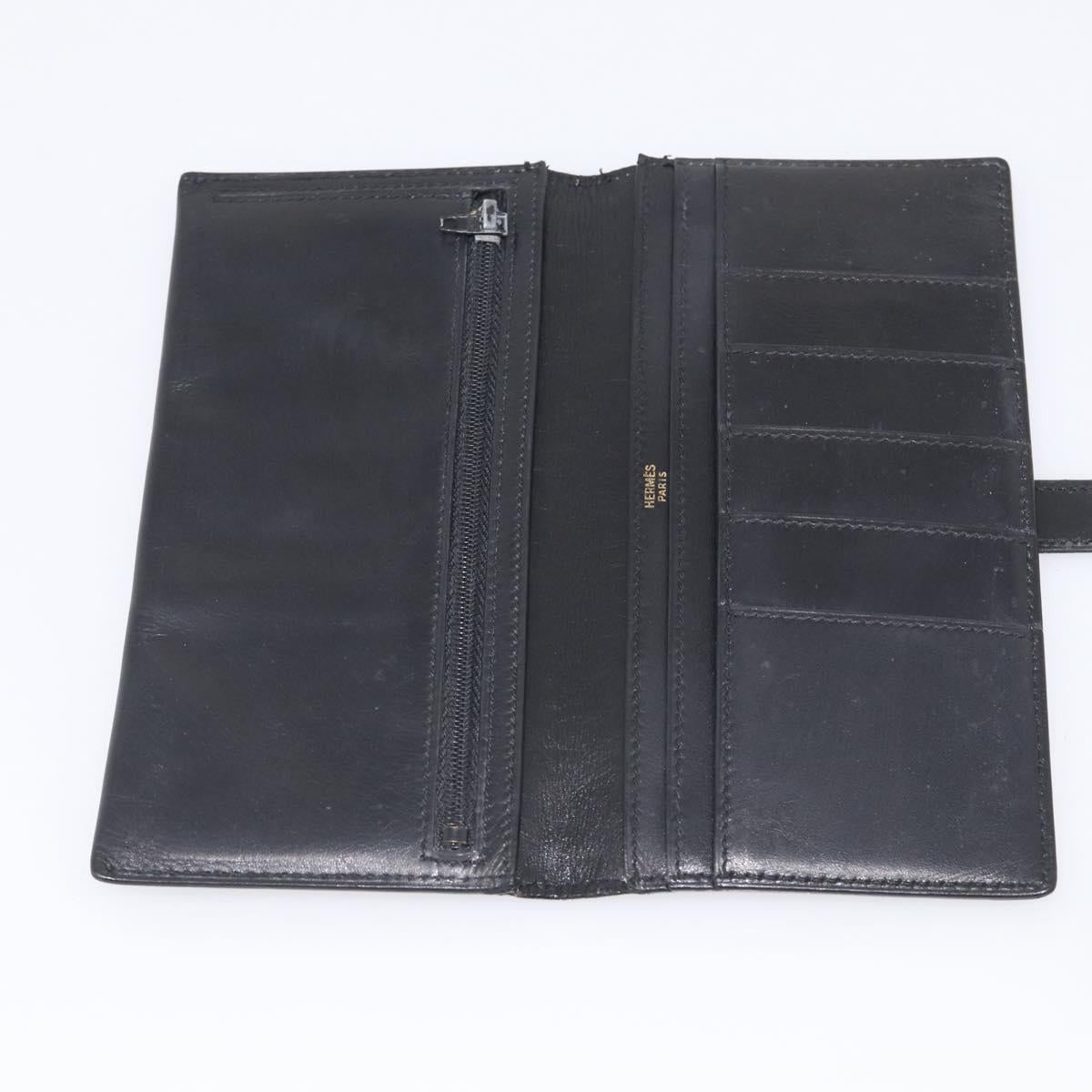 HERMES Bean Long Wallet Leather Black Gold Tone Auth bs37904