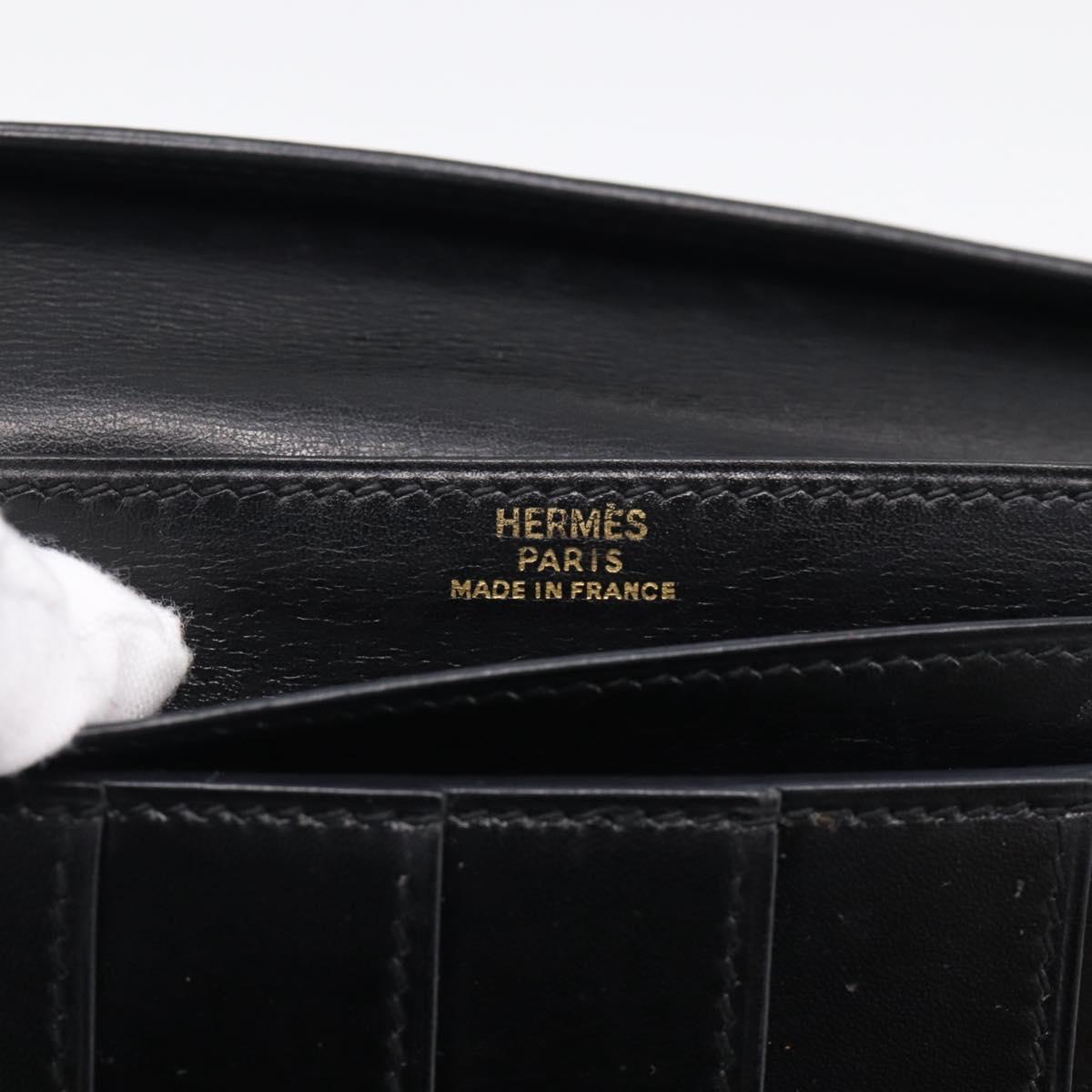 HERMES Bean Long Wallet Leather Black Gold Tone Auth bs37904