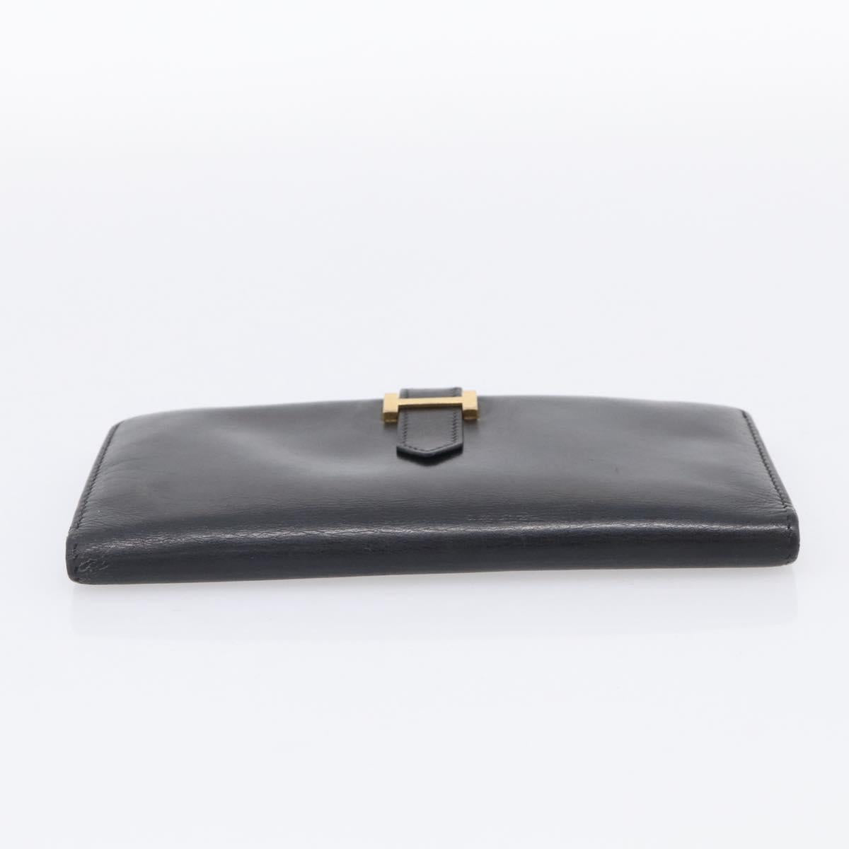 HERMES Bean Long Wallet Leather Black Gold Tone Auth bs37904