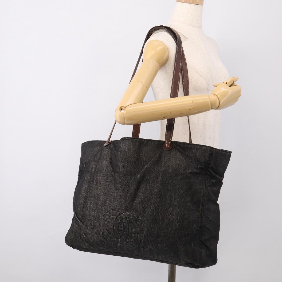 CHANEL Tote Bag Denim Black Brown CC Auth bs37908