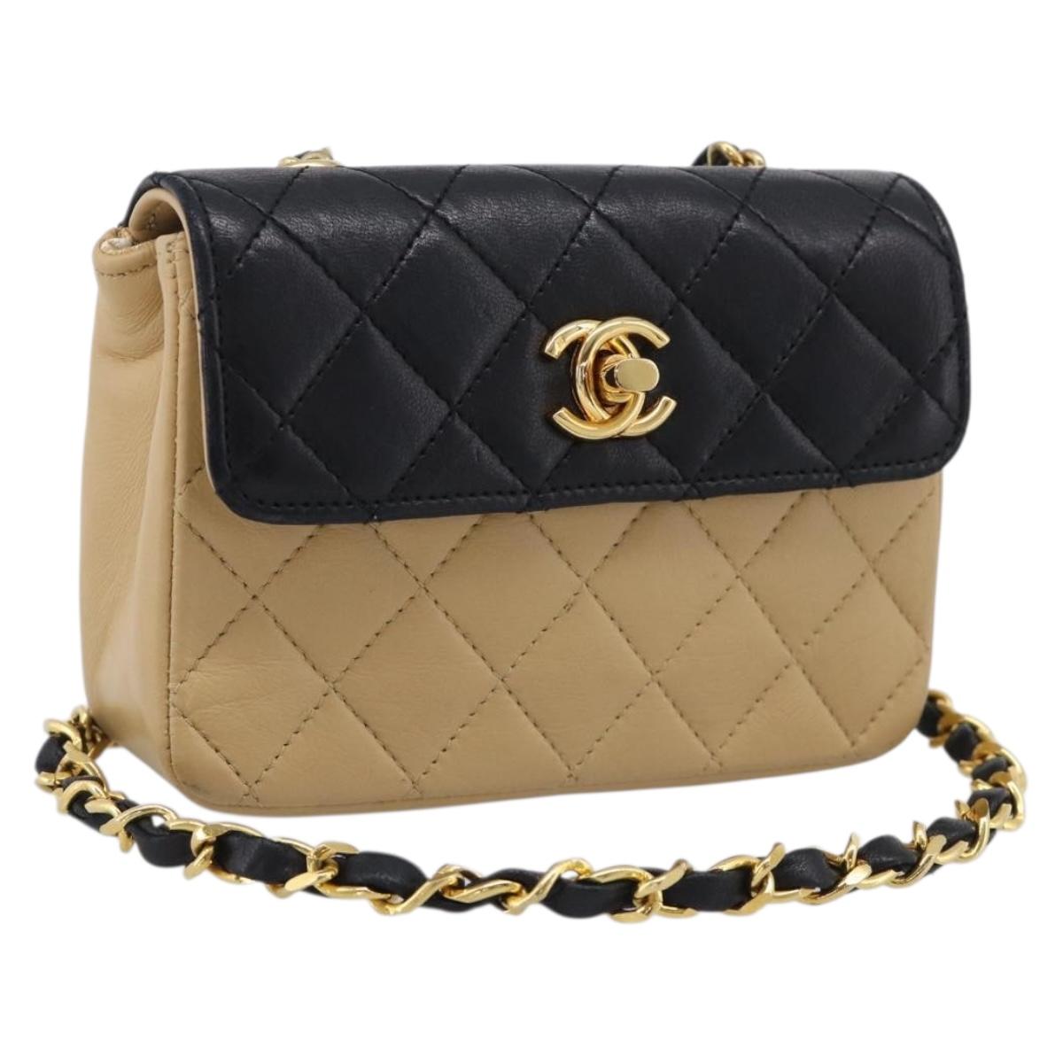 CHANEL Matelasse Chain Shoulder Bag Lamb Skin Beige Gold Tone CC Auth bs37920