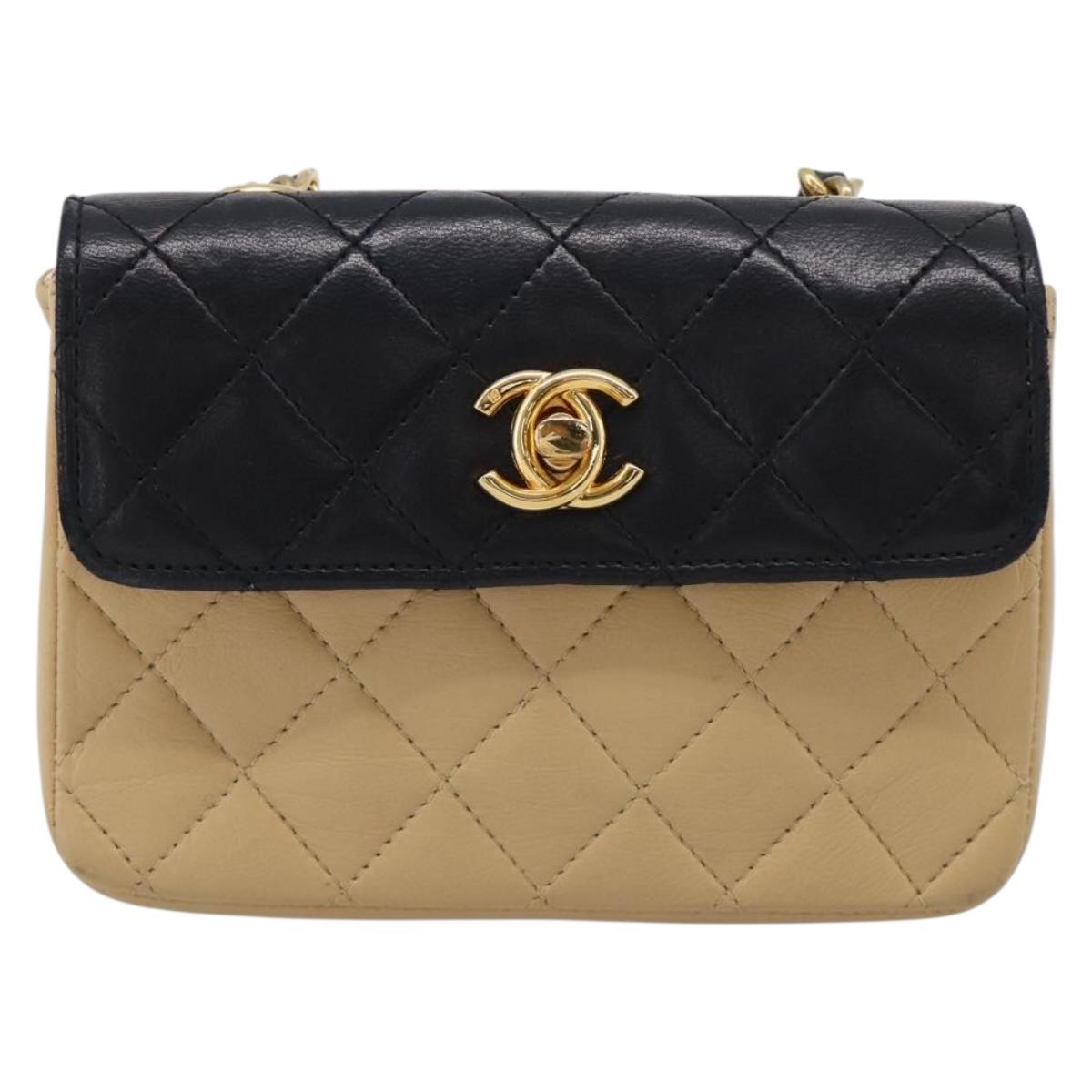 CHANEL Matelasse Chain Shoulder Bag Lamb Skin Beige Gold Tone CC Auth bs37920