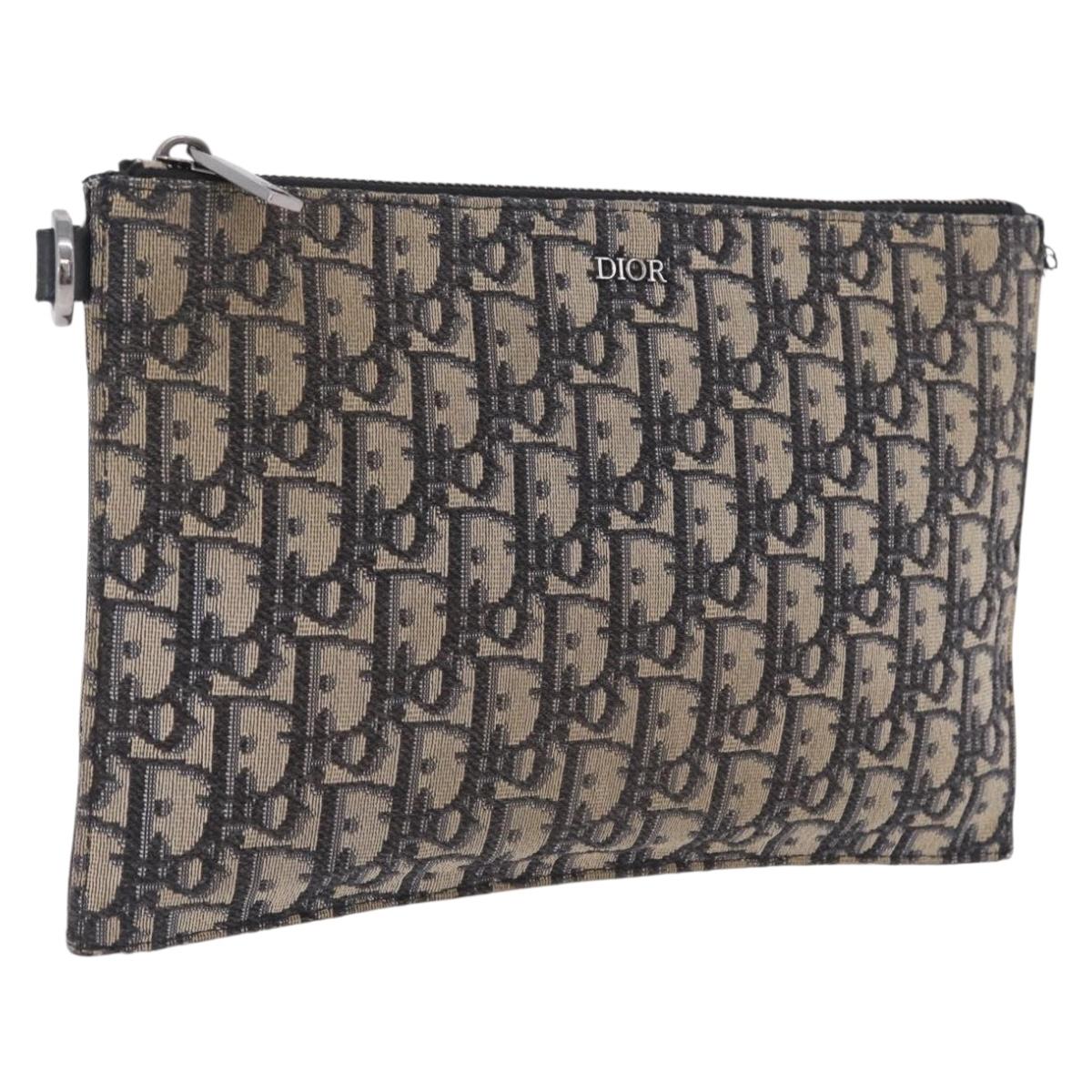 Christian Dior Oblique Clutch Bag Canvas Navy Silver Auth bs37922
