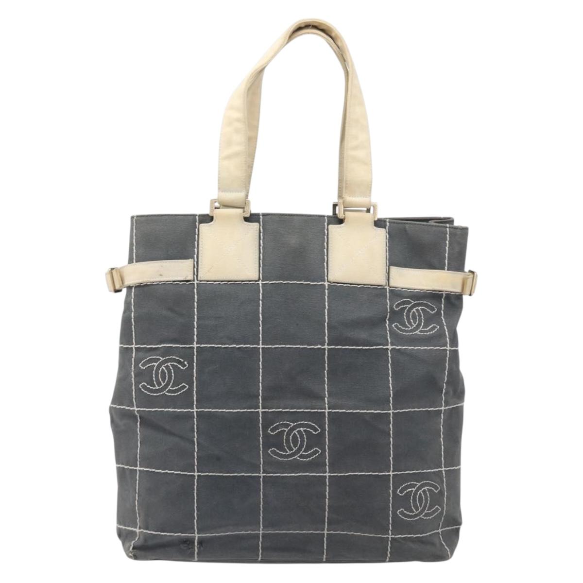CHANEL Choco Bar Tote Bag Canvas Gray Gold CC Auth bs37923