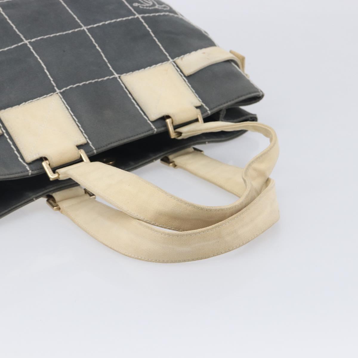 CHANEL Choco Bar Tote Bag Canvas Gray Gold CC Auth bs37923