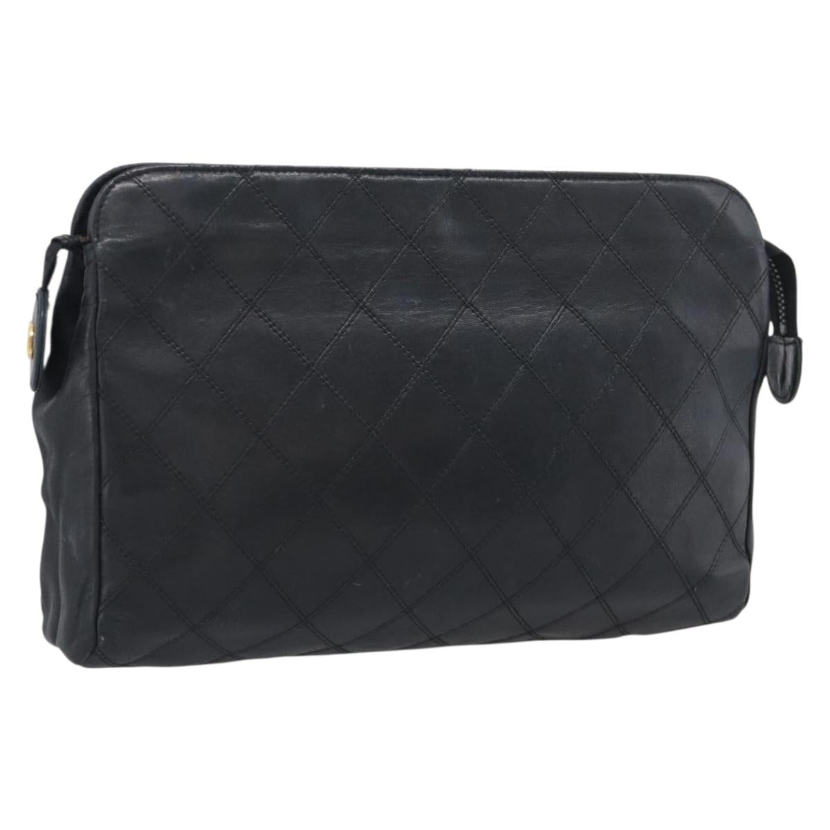 CHANEL Bicolore Clutch Bag Lamb Skin Black Gold Tone CC Auth bs37924