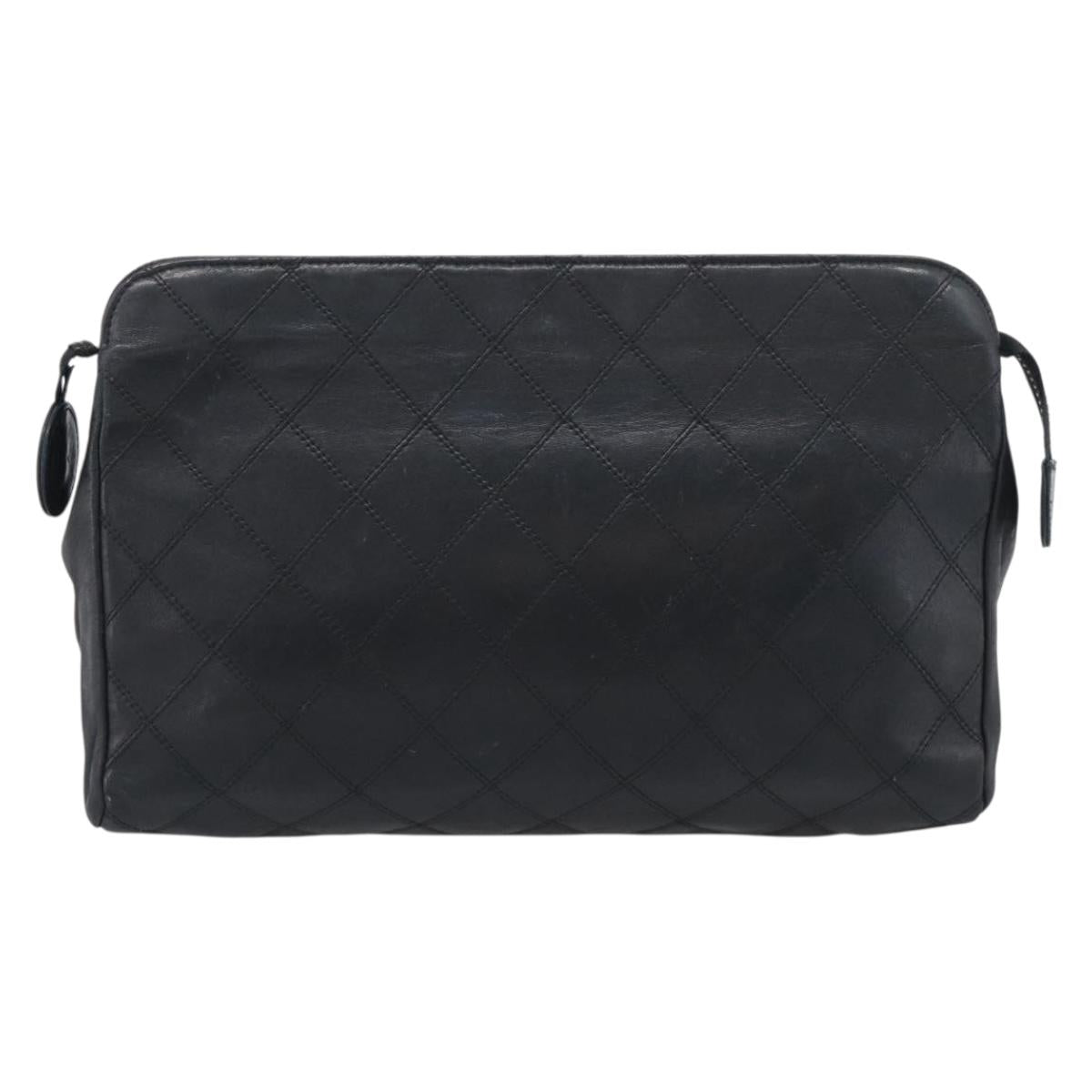 CHANEL Bicolore Clutch Bag Lamb Skin Black Gold Tone CC Auth bs37924