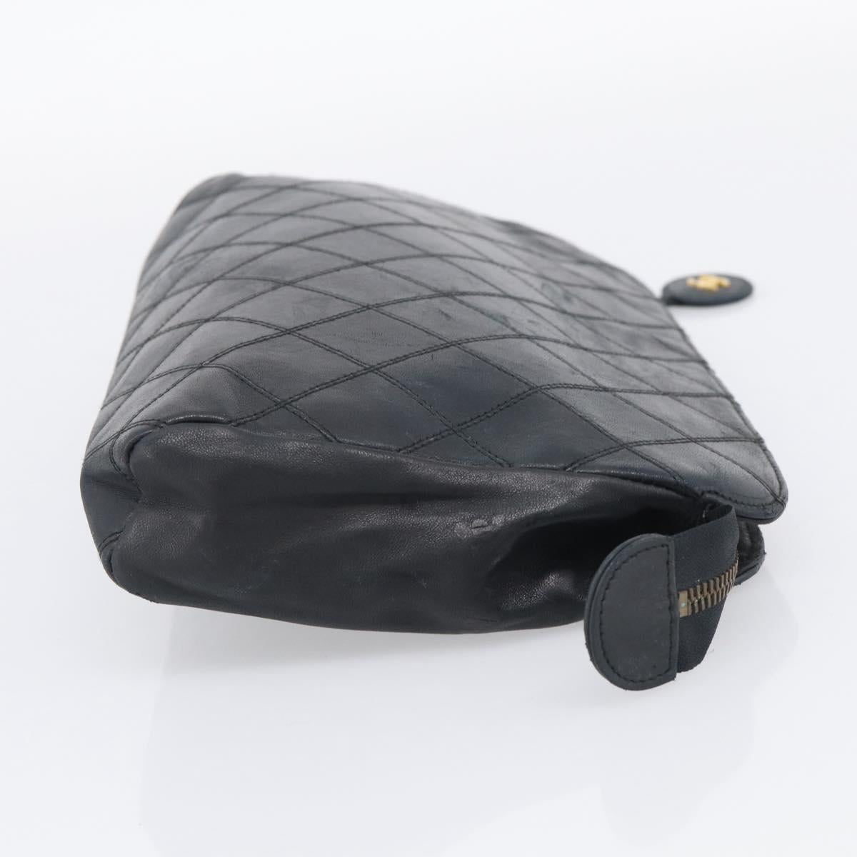CHANEL Bicolore Clutch Bag Lamb Skin Black Gold Tone CC Auth bs37924