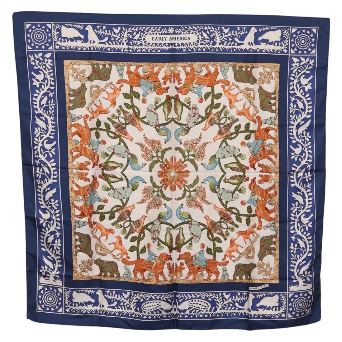 HERMES Carre 90 Scarf ""EARLY AMERICA"" Silk Blue Auth bs37948