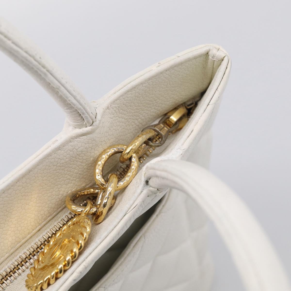 CHANEL Standard Tote Bag Caviar Skin White Gold Tone CC Auth bs37961