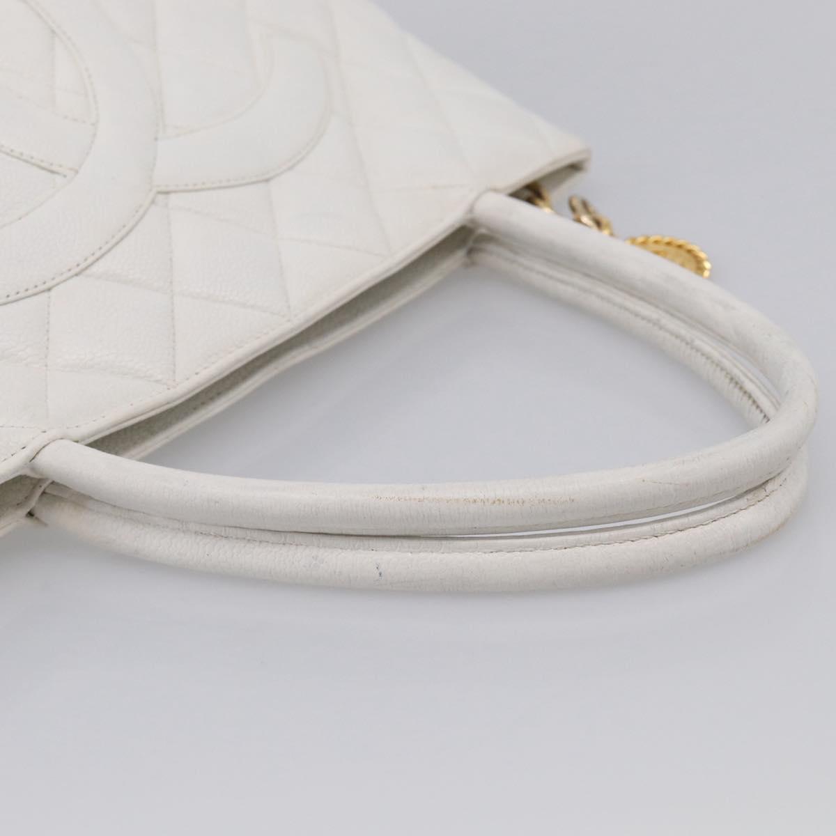CHANEL Standard Tote Bag Caviar Skin White Gold Tone CC Auth bs37961