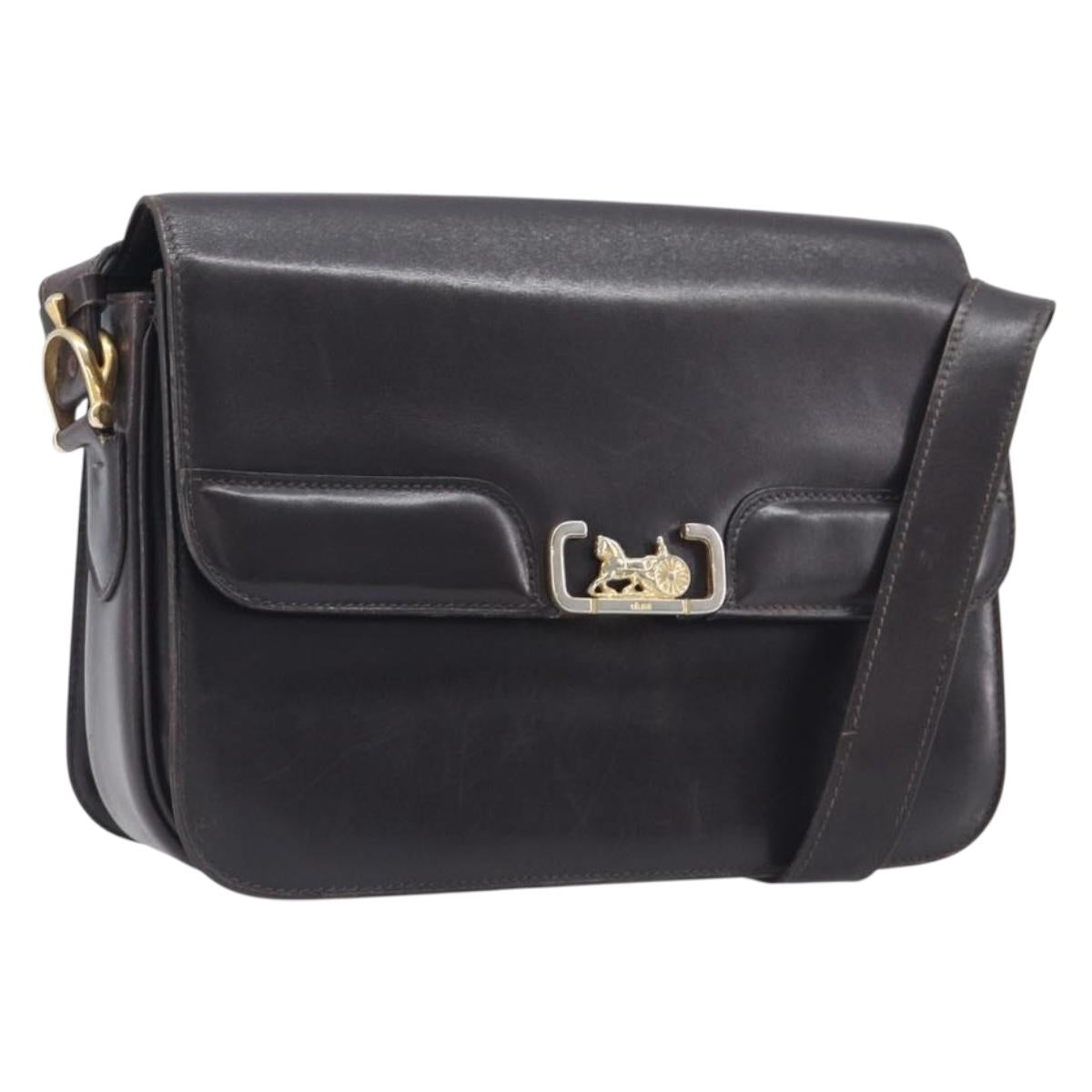 CELINE Shoulder Bag Leather Black Gold Tone Auth bs37968