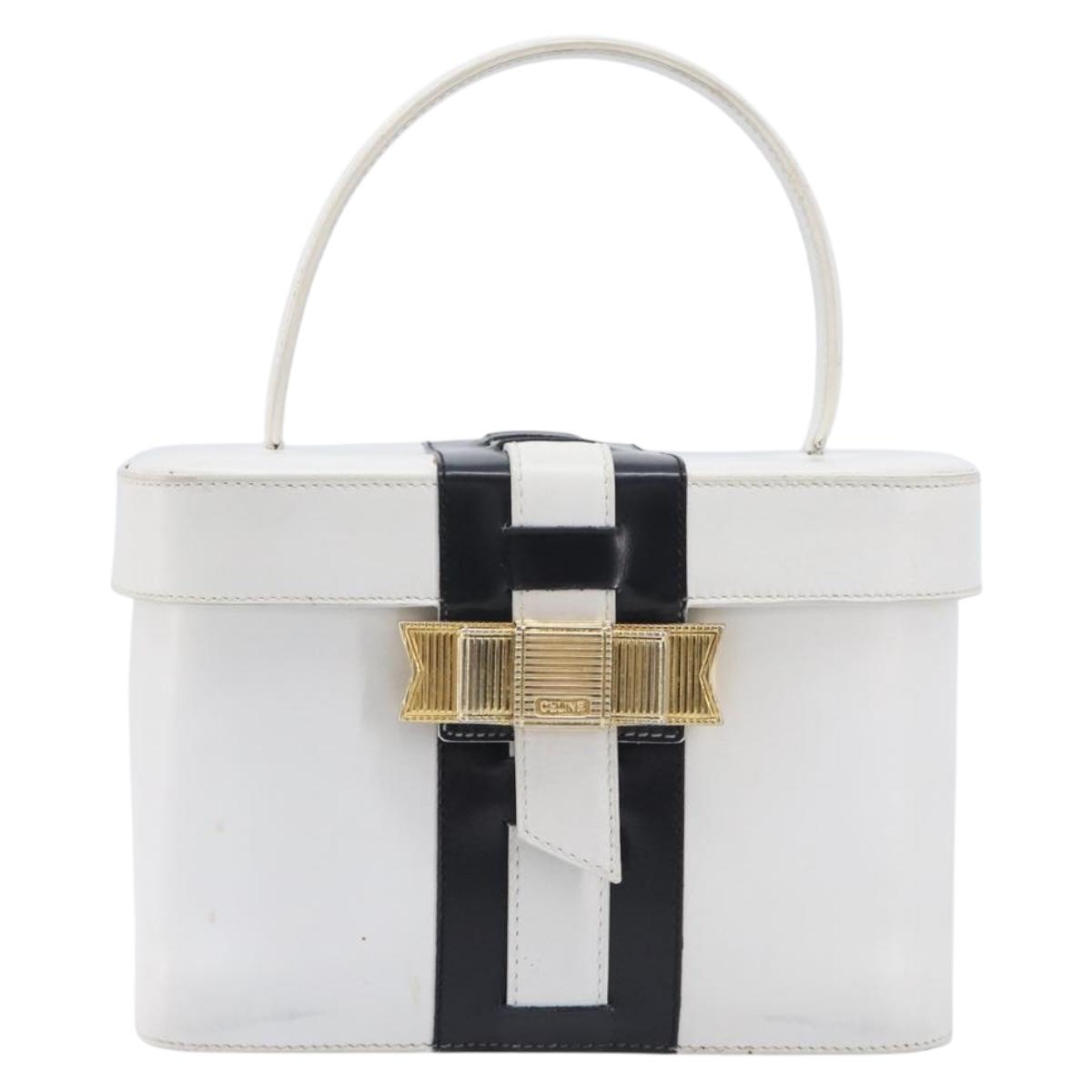 CELINE Vanity Hand Bag Leather White Gold Tone Auth bs37980