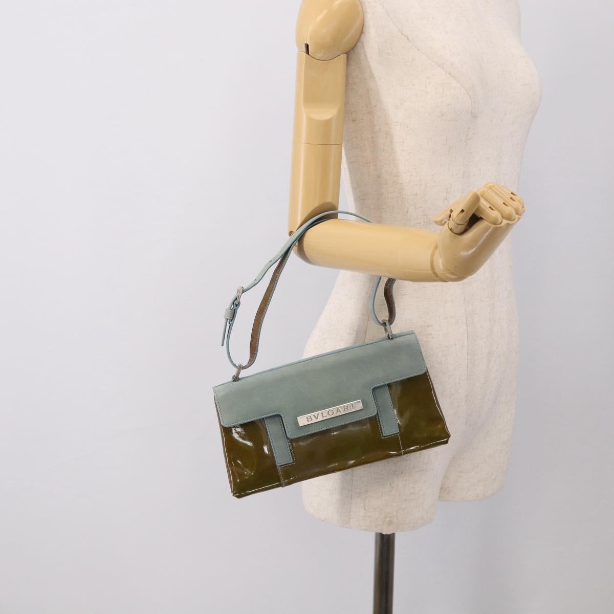 BVLGARI Hand Bag Patent Light Blue Silver Auth bs37982