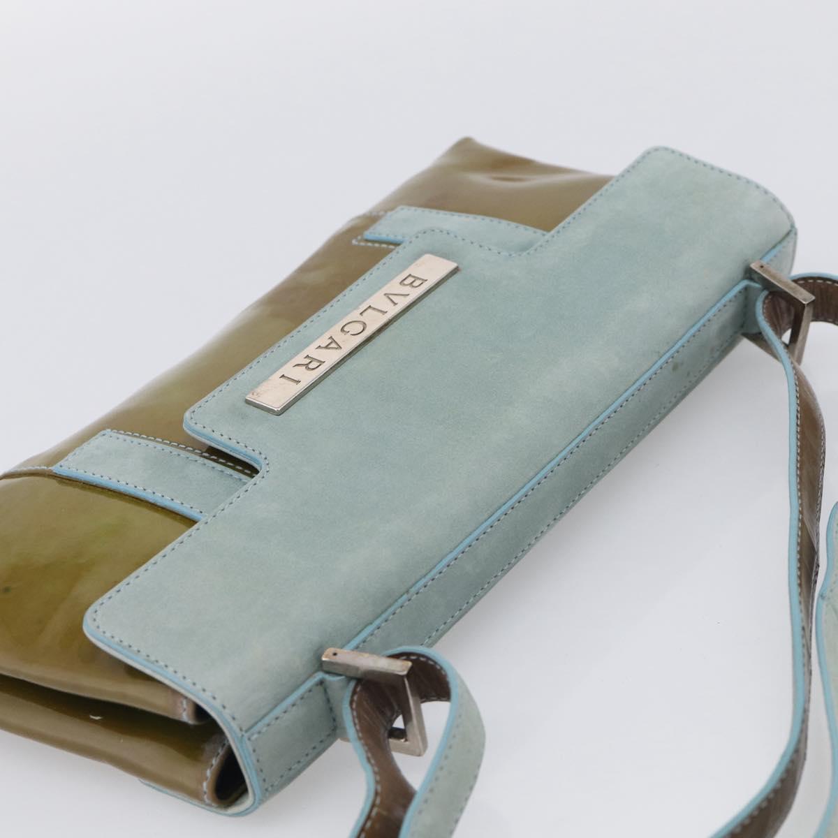 BVLGARI Hand Bag Patent Light Blue Silver Auth bs37982