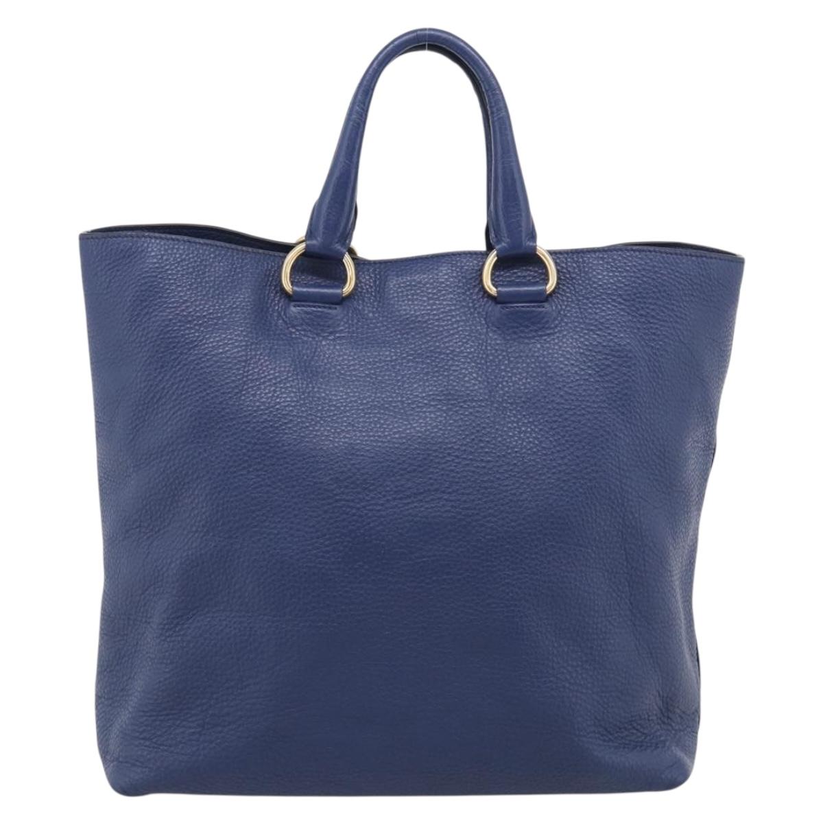 PRADA Hand Bag Leather Blue Gold Tone Auth bs37985