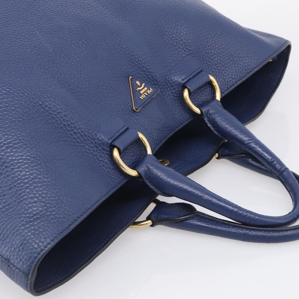 PRADA Hand Bag Leather Blue Gold Tone Auth bs37985