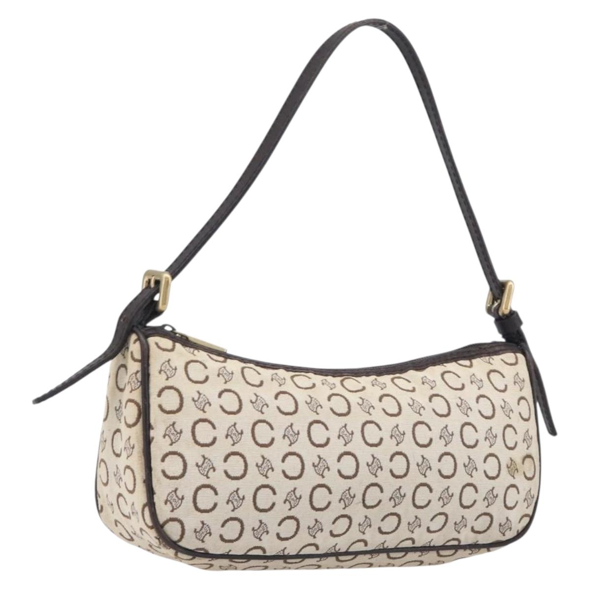 CELINE C Macadam Hand Bag Canvas White Gold Tone Auth bs38002