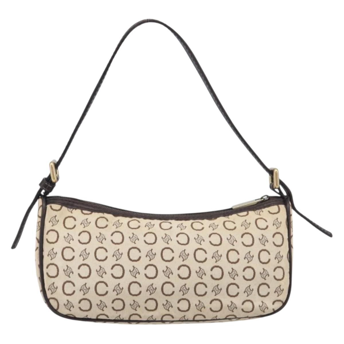 CELINE C Macadam Hand Bag Canvas White Gold Tone Auth bs38002