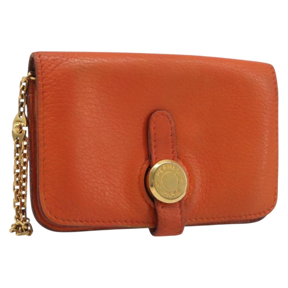 HERMES Dogon Coin Purse Leather Orange Gold Tone Auth bs38007