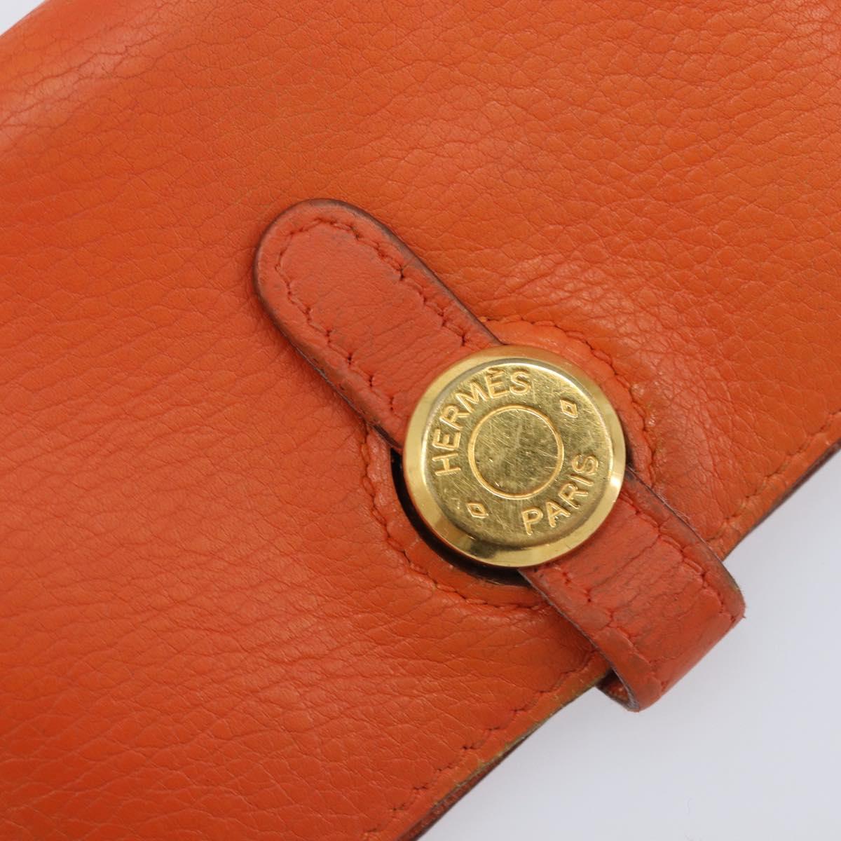 HERMES Dogon Coin Purse Leather Orange Gold Tone Auth bs38007