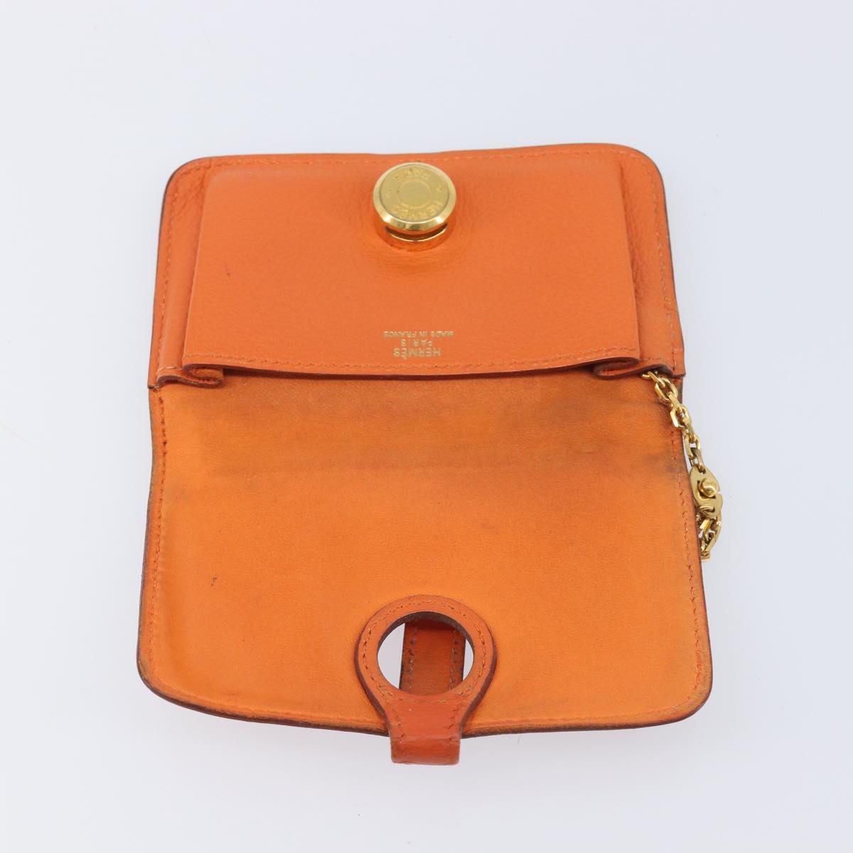 HERMES Dogon Coin Purse Leather Orange Gold Tone Auth bs38007