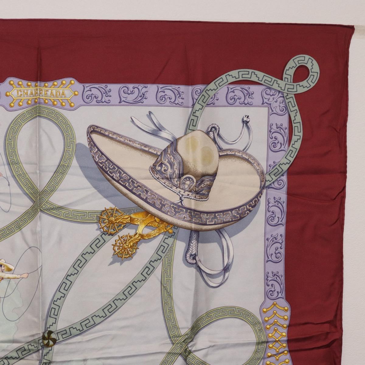 HERMES Carre90 Scarf Silk Bordeaux Light Blue ""CHARREADA"" Auth bs38024