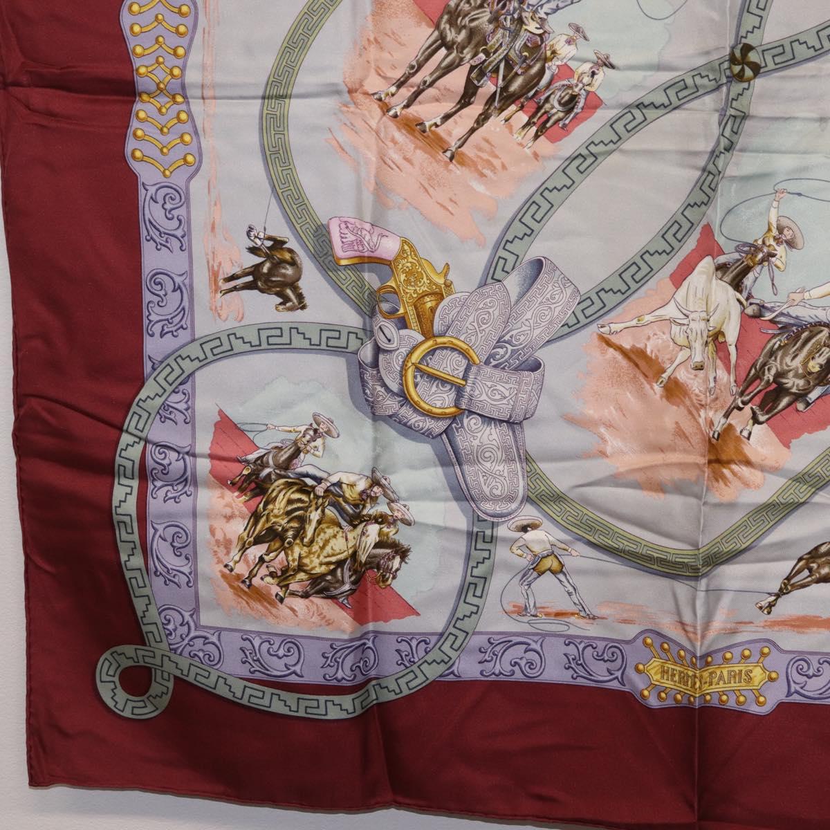 HERMES Carre90 Scarf Silk Bordeaux Light Blue ""CHARREADA"" Auth bs38024
