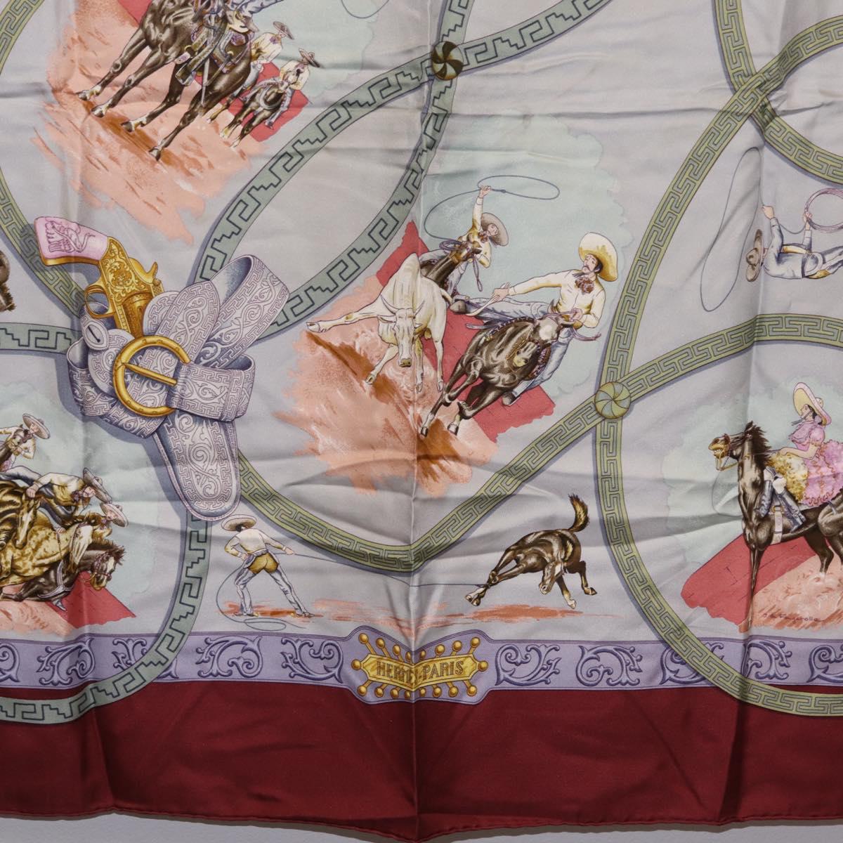 HERMES Carre90 Scarf Silk Bordeaux Light Blue ""CHARREADA"" Auth bs38024