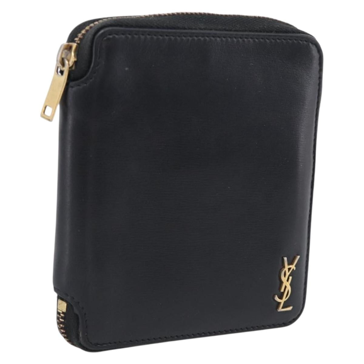 Saint Laurent Compact Full Zip Wallet Leather Black Gold Auth bs38045