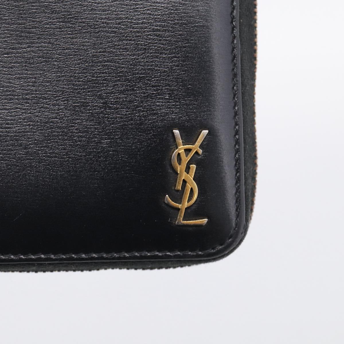 Saint Laurent Compact Full Zip Wallet Leather Black Gold Auth bs38045