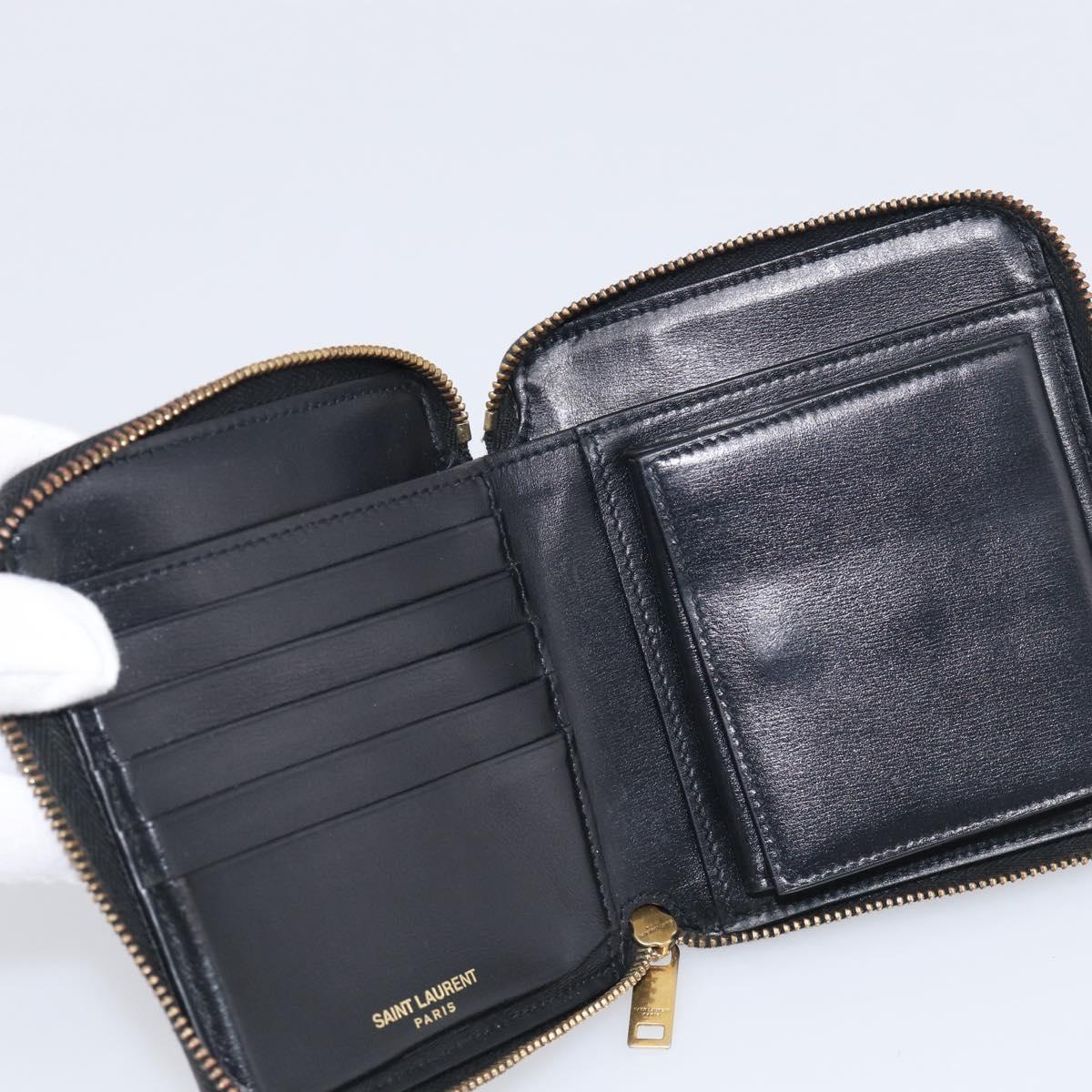 Saint Laurent Compact Full Zip Wallet Leather Black Gold Auth bs38045