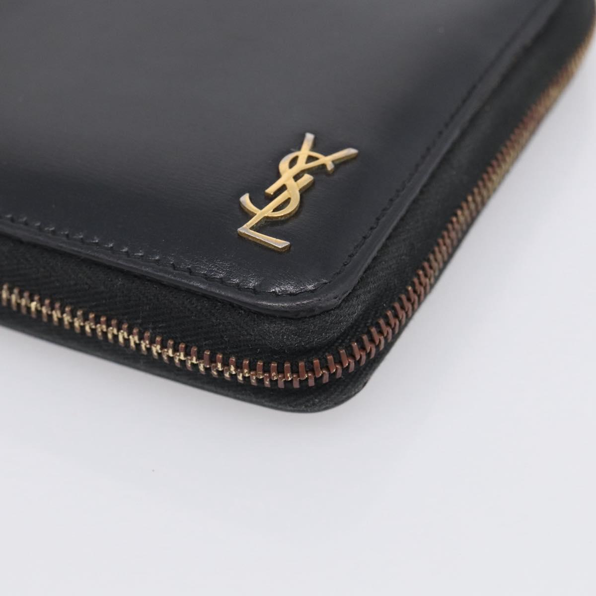 Saint Laurent Compact Full Zip Wallet Leather Black Gold Auth bs38045