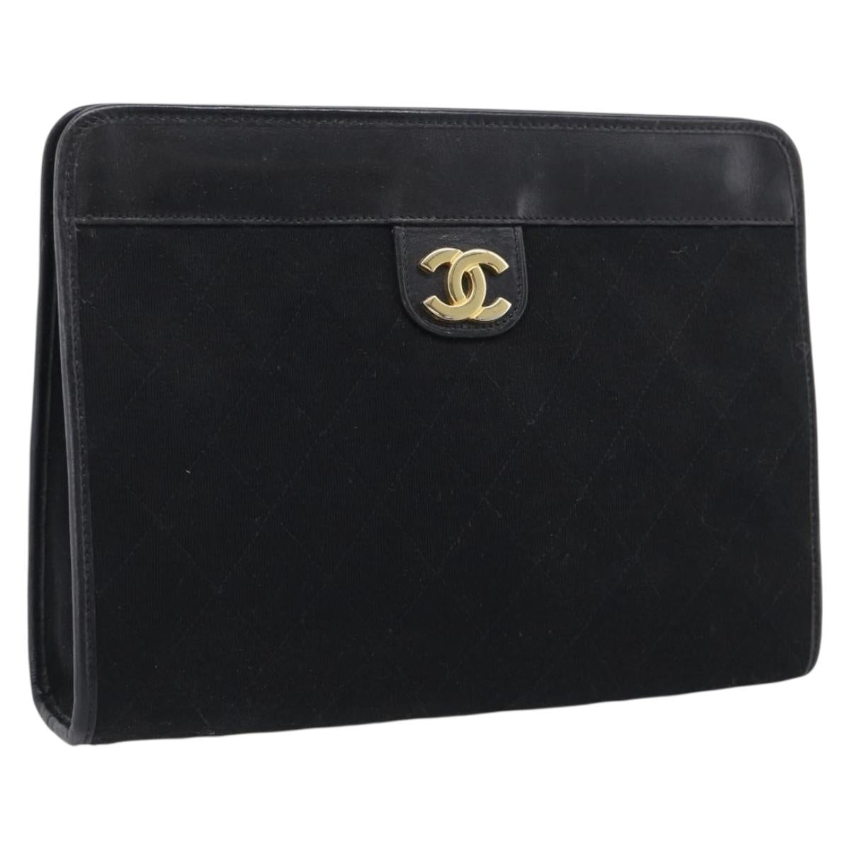 CHANEL Matelasse Clutch Bag Cotton Black Gold CC Auth bs38064