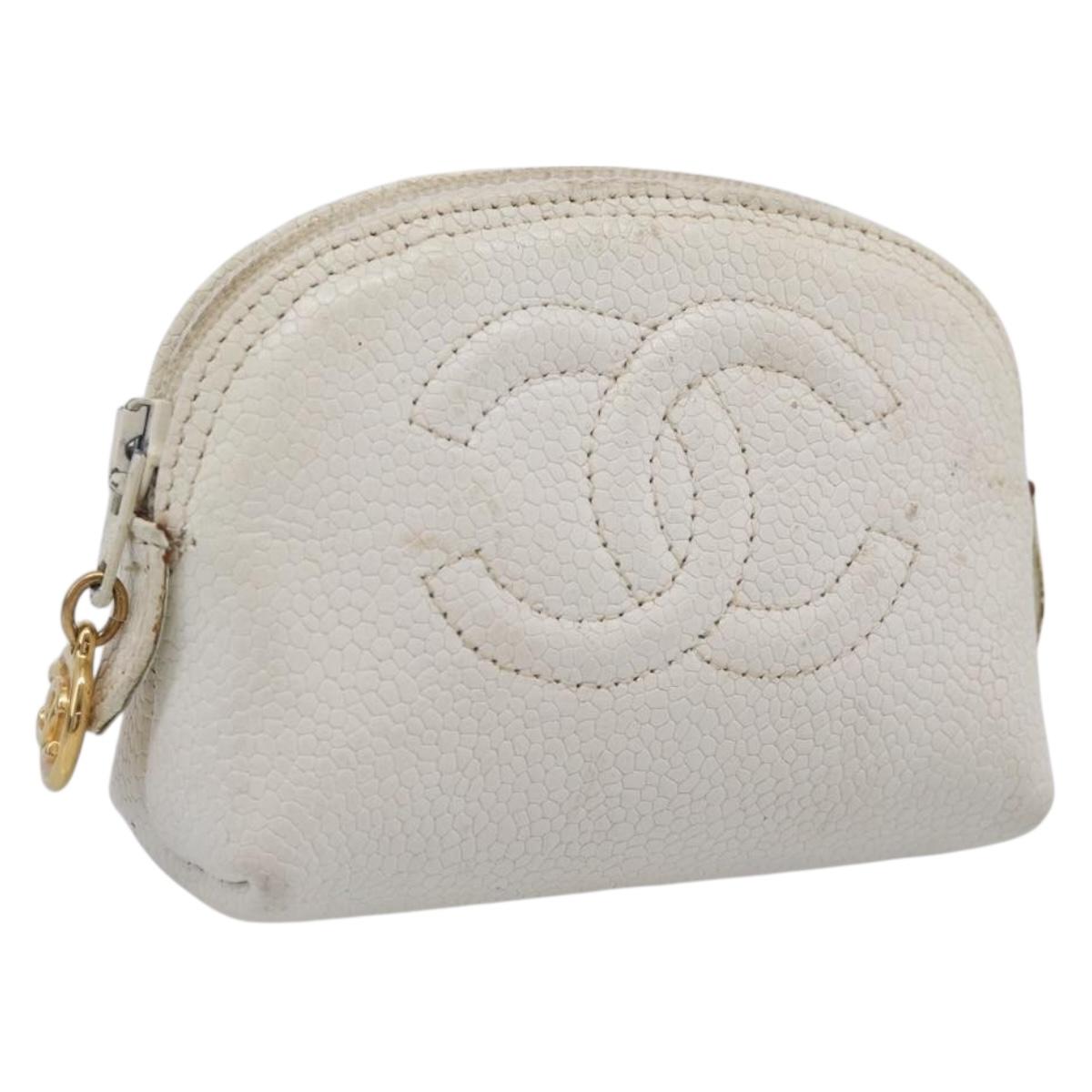 CHANEL Pouch Caviar Skin White Gold CC Auth bs38066