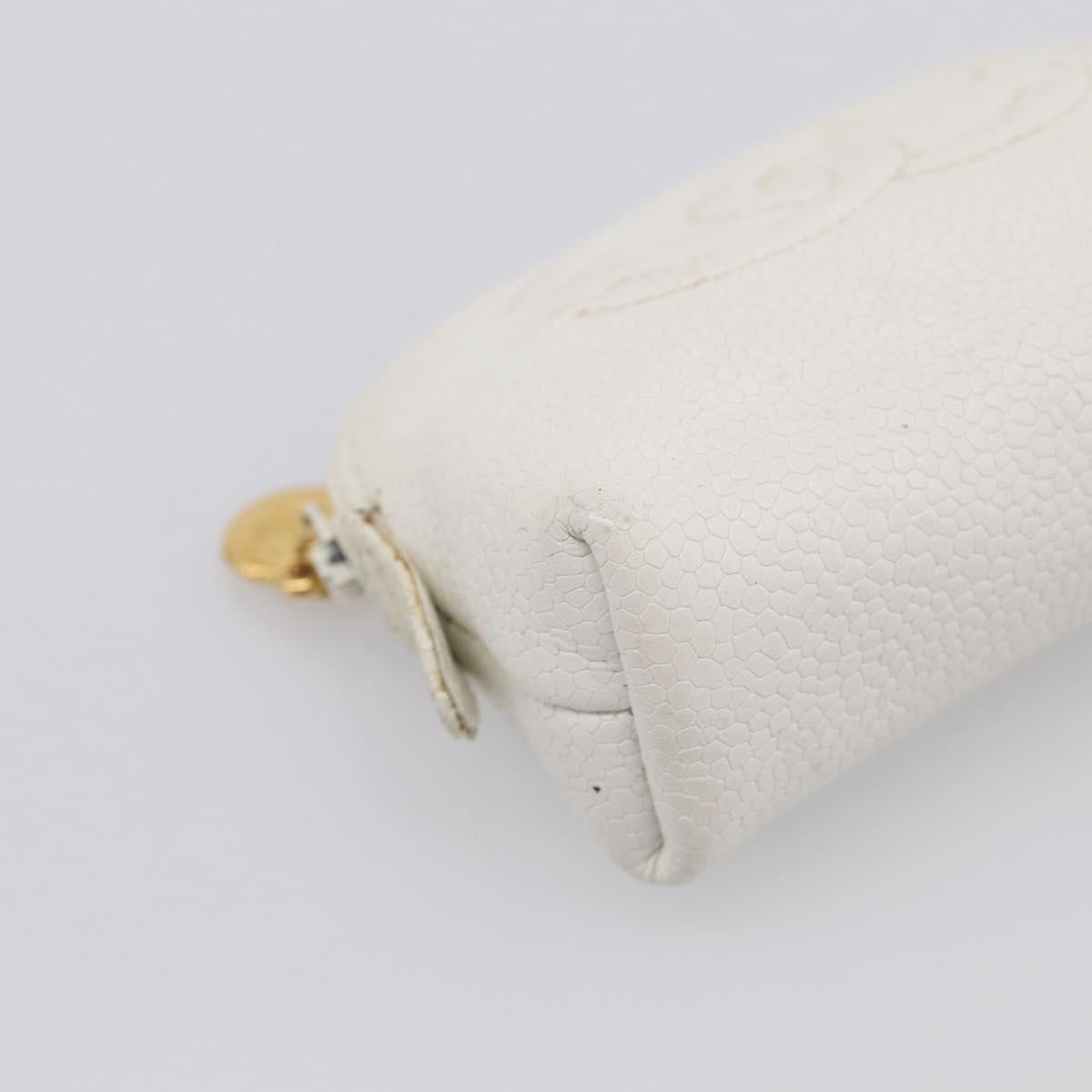 CHANEL Pouch Caviar Skin White Gold CC Auth bs38066