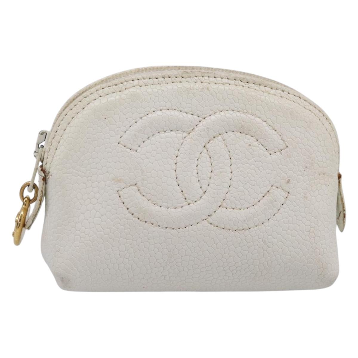 CHANEL Pouch Caviar Skin White Gold CC Auth bs38066