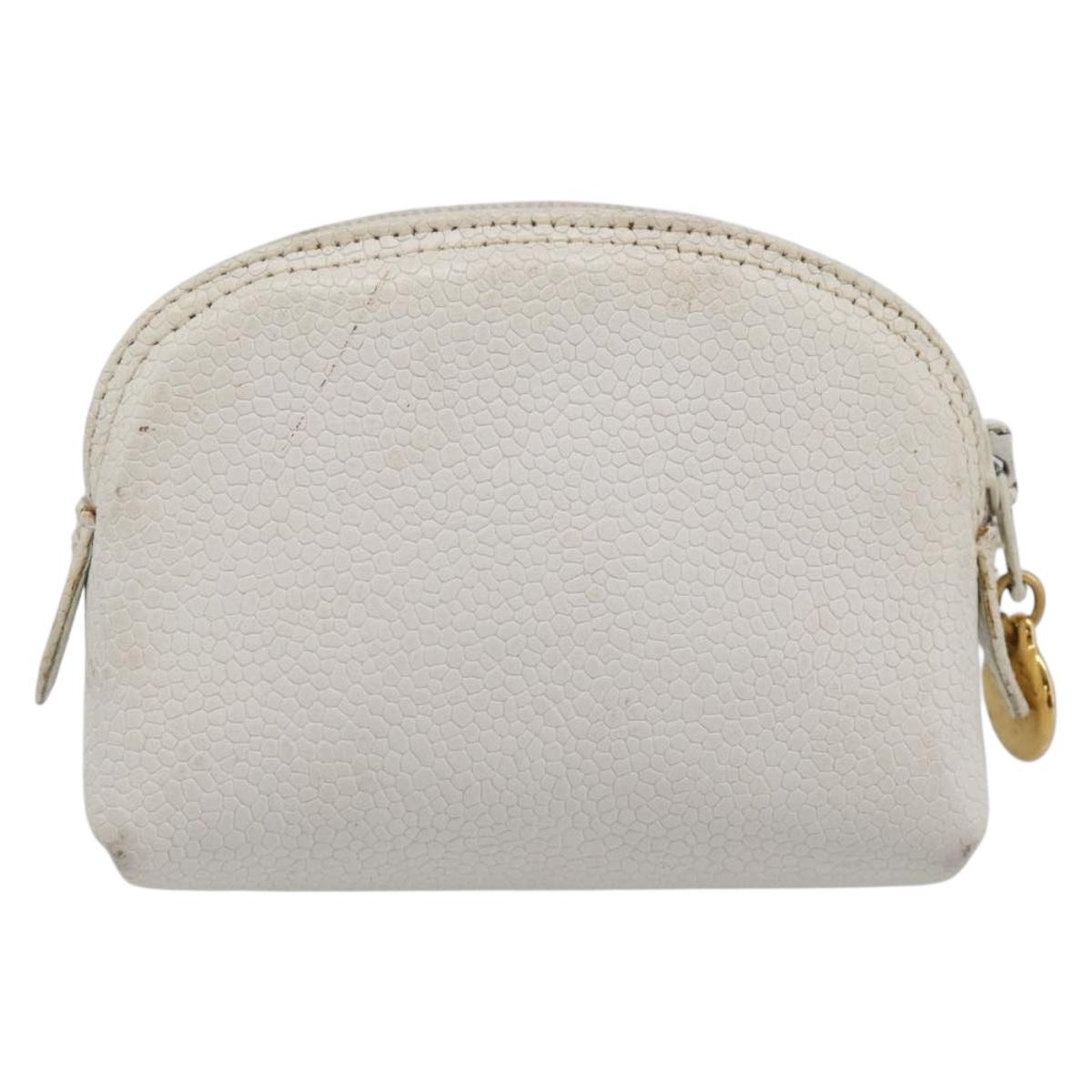 CHANEL Pouch Caviar Skin White Gold CC Auth bs38066