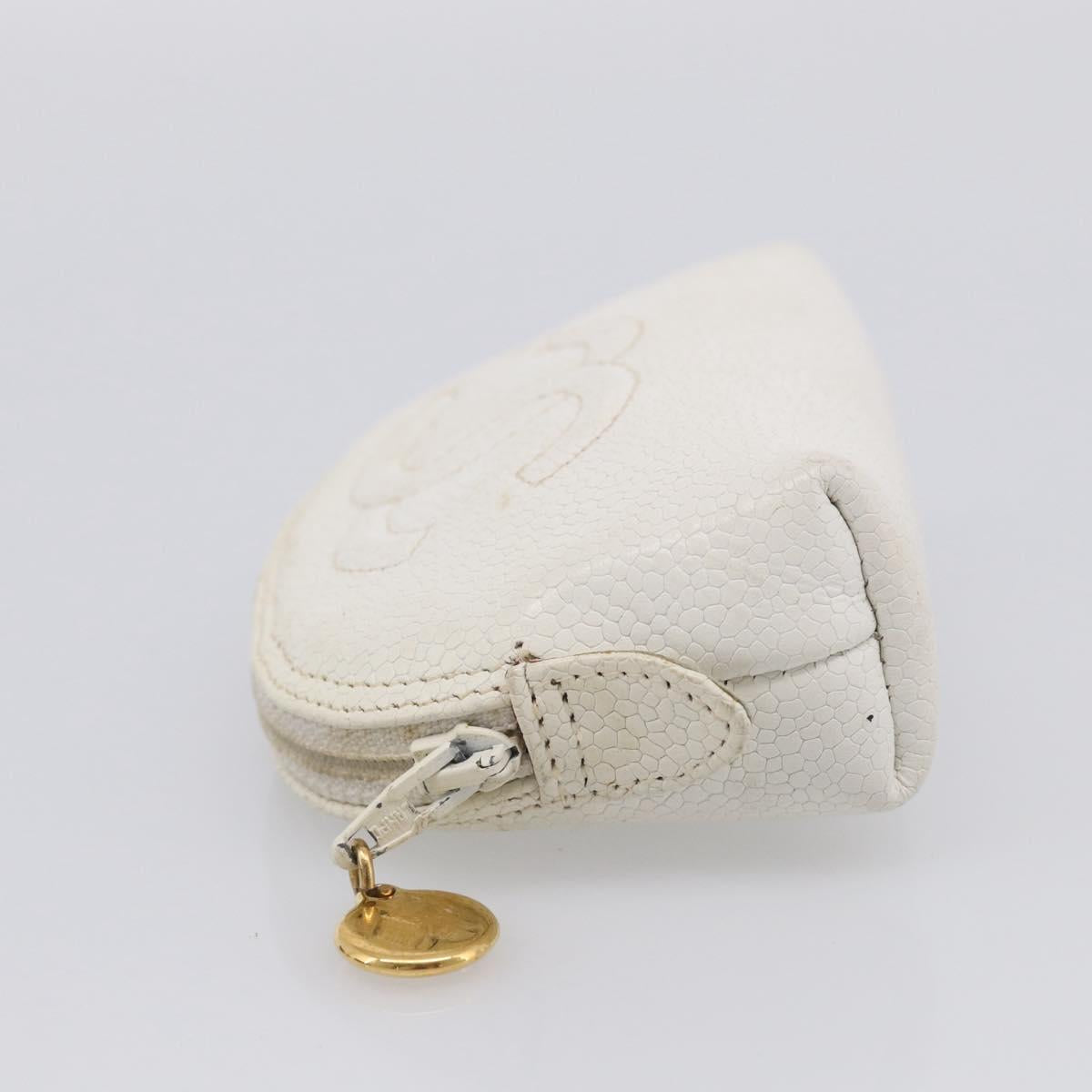 CHANEL Pouch Caviar Skin White Gold CC Auth bs38066
