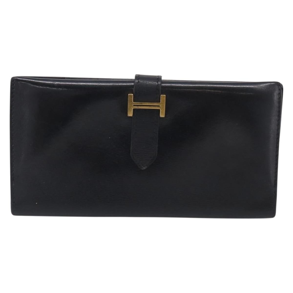 HERMES Bairn Classic Long Wallet Leather Black Gold Auth bs38071